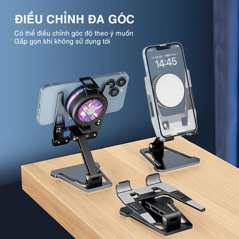 Điện thoại đặt trên giá đỡ có quạt tản nhiệt nhỏ.